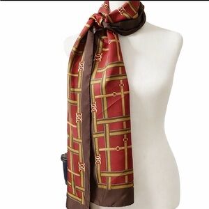 Equestrian Plaid Silk Scarf Brown and Red Hand-Rolled Edges